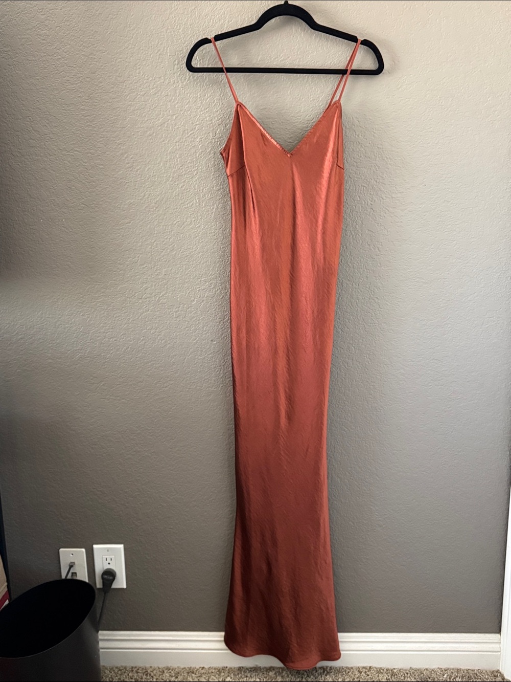 Slip Maxi Dress in Rust Orange – Sleek V-Neck Spaghetti Strap